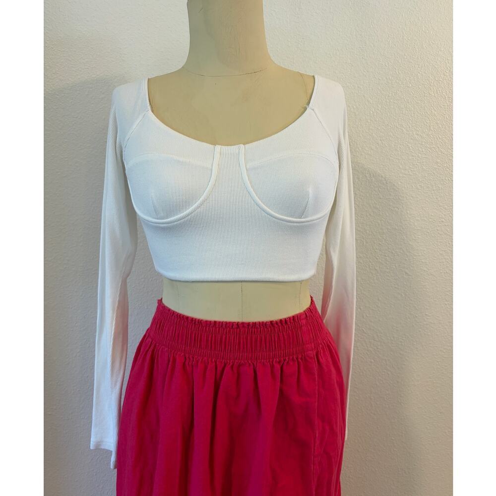 Lulu’s White Ribbed Long Sleeve Bustier Crop Top Medium